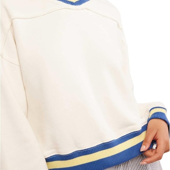 $98 Free People Rio Stripe Hem Sweatshirt, Women's Cream and Blue V-Neck Top - Picture 4 of 7
